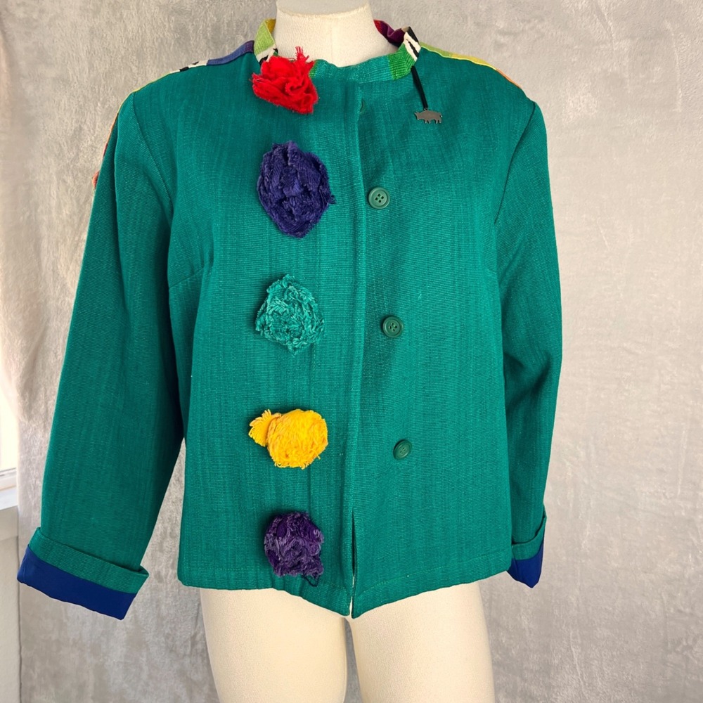 Vintage Women's Art To Wear Pom Pom Jacket Green size Medium colorful funky